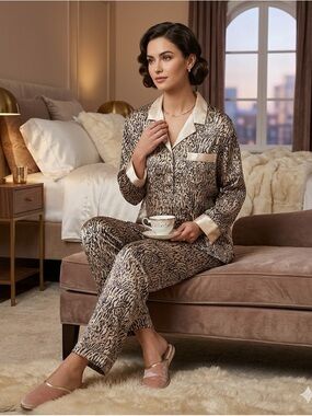 Amanda Stewart Country VTG Americana Sears Leopard print silk pajama top
